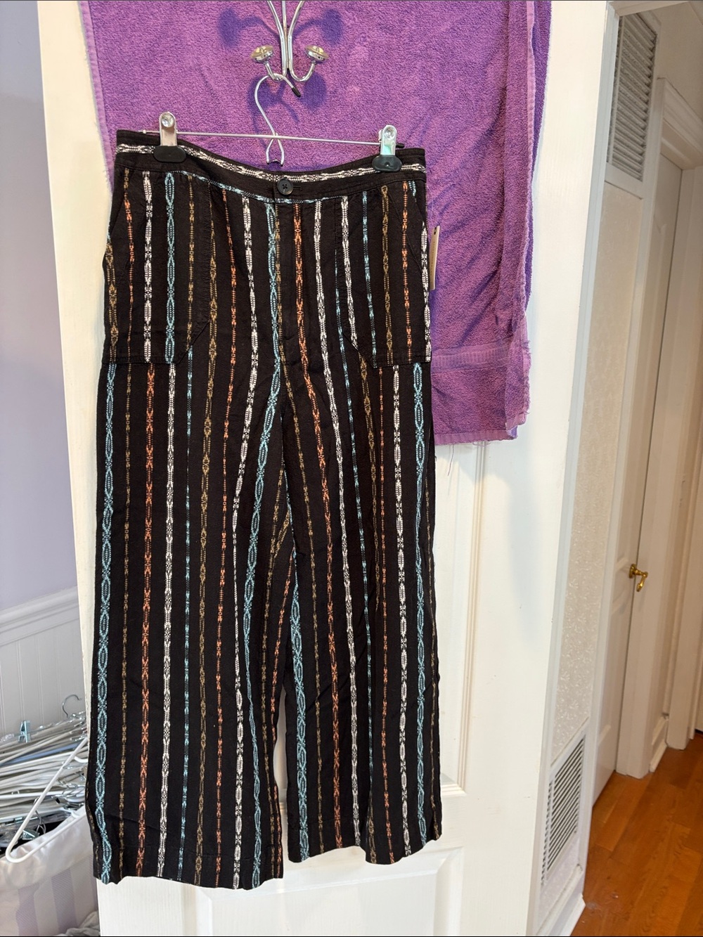 NWT Anthropologie Black Striped Wide-Leg Pants with Blue and Brown Accents